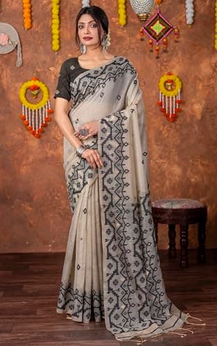 Bengal Looms India - Tantuja Inspired Traditional Karat Needle Nakshi Jaal Work Soft Jamdani Saree with Blouse Piece- Ethnic Wear for Wedding, Festive & Party Occasions 2