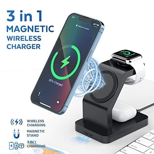 eller santé® Wireless Charger 3-in-1 23W Magnetic Mag-Safe for iPhone 17/17 Air/17 Pro/17 Pro Max, 16/16 Plus/16 Pro/16 Pro Max, 15/14/13/12, Airpods 3rd/2nd gen, Series 9/8/7/6/5/4/SE-Black 4