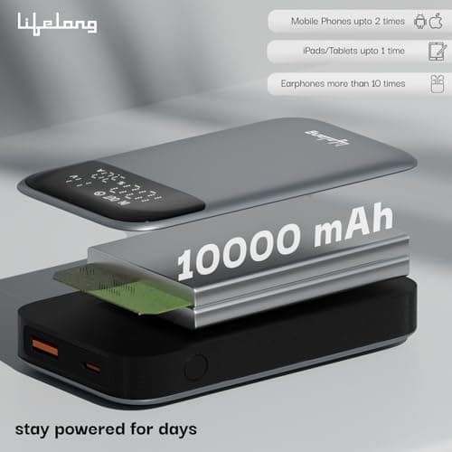 Lifelong Electronics 10000mAh Slim Compact Power Bank | Type C Input | 2 Output Ports (Type C & Type A) | 33W Fast Charging Powerbank | Cable Included |Ideal for Mobiles, Earbuds, Speakers (Grey) 3