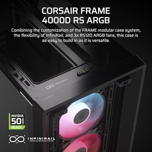 CORSAIR Frame 4000D RS ARGB Modular Mid-Tower ATX PC Case – High Airflow, 3X Pre-Installed RS ARGB Fans, InfiniRail Fan Mounting System, ASUS BTF, MSI Project Zero, Gigabyte Project Stealth – Black 2