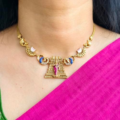Dvina Glow Gold Plated Meenakshi Amman Temple Jewellery Necklace Set for Women | South Indian Antique Traditional Necklace with Matching Jhumka Earrings | Ethnic Bridal Wedding Festive Jewellery 3