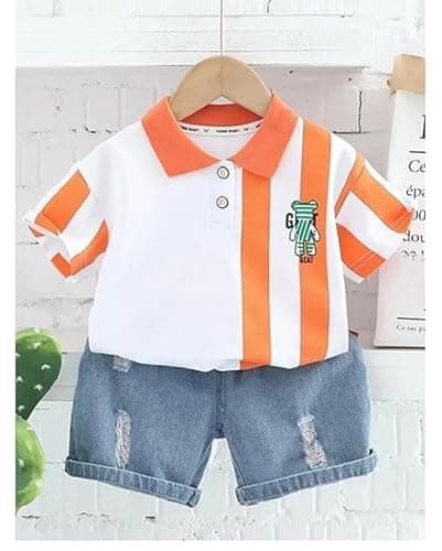 Shree Shyam Textiles Kids Clothes for Boys | Striped Printed Polo Tshirt and Denim Shorts Clothing Set for Baby Boys | Stylish Kids wear (Orange, 9-12 month) 3