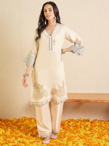 INDO ERA Women's Silk Blend Ethnic Motifs Embroidered Straight Knee Length Kurta & Palazzo Set (Cream_IESTR113_XX-Large) 5