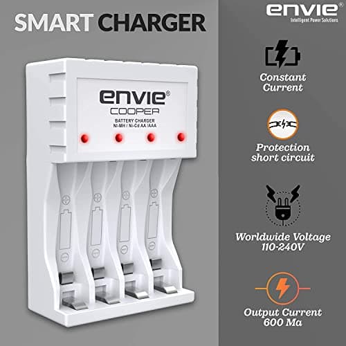ENVIE® (ECR 20MC+2800+1100) Standard Charger ECR 20 MC for AA & AAA Ni-mh/Ni-Cd Rechargeable Batteries | LED Indicator | 600MA Output Current | with 2xAA2800 & 2xAAA1100 Rechargeable Batteries 3