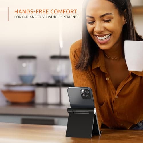 amazon basics Multi Angle Desktop Foldable Stand Tablet/Mobile Stand Holder for iPhone, Android, Samsung, OnePlus, Xiaomi, Smartphones. Portable, for Your Bed,Home, Office, Home (Black) 3