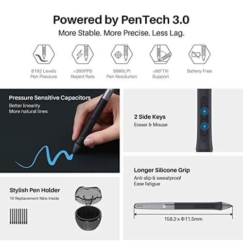 HUION Inspiroy 2 Large Drawing Tablet|Scroll Wheel |3-Set 8 Customized Keys| Battery- Free Stylus for Digital Art, Design, Sketch|10x6inch Graphics Tablet| Works with Mac, PC & Mobile|Black 2