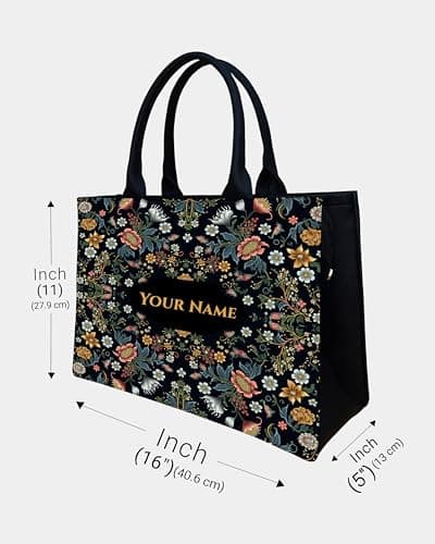 Royal Charm Voguish Customized Tote Bag | HD Printed Floral Black Tote | Personalized Name Tote | Large 16x11x5 Inch Shoulder Bag | Gift for Women 2