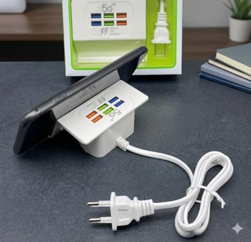 6 Port USB Charging Station with Mobile Stand, 3.1A Multi-Port Desktop Wall Charger Hub, Fast Charging Power Adapter for Multiple Devices, Smartphones, Tablets, and Power Banks – White (6 Ports) 3