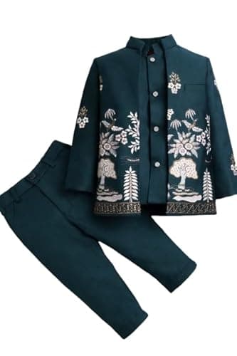 Akshita Trading Boys Embroidered Jacket and Pant Set, Teal Green, Floral Design, Traditional Ethnic Wear (Green, 12-13 Years)