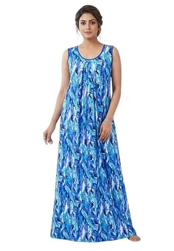 Manvicare Sleeveless Nighties for Women, Blue Lahariya Print, Rayon Fabric, Maxi Length Nightdress (Blue, 8XL) 2