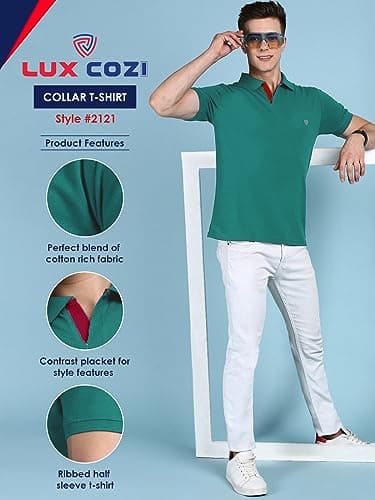 Lux Cozi Pack of 2 Emerald and Sea Green Regular fit Half Sleeves Polo Neck T-Shirt for Men |Polo Casual Tshirt for Men | 100% Combed Cotton - Colour Fresh, Quick Dry, Ultra Soft (Size : Large) 2