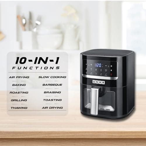 USHA Ichef Smart Air Fryer 4.5L,10 In 1 Functions10 Preset Menu|Digital Display&Touch Panel|Transparent Window|Illuminated Chamber|Turbo Air Circulation|Oil Free Cooking|Auto Pause/Start(Black),1350W 3