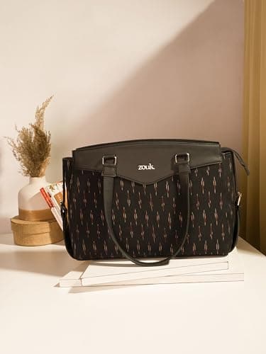 ZOUK Ikat GreRed Printed Jute Vegan Leather Black and Red Women's Office Work Bag With Double Handles Strap 3