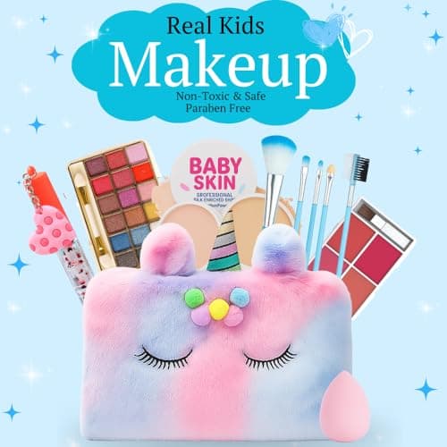 Real Makeup Kit for Girls & Teens –15-Piece Safe & Washable Cosmetic Set with Rainbow Fur Bag – Non-Toxic Beauty Gift for Ages 7–16, Includes Brushes, Lip Gloss, Blush & More 2