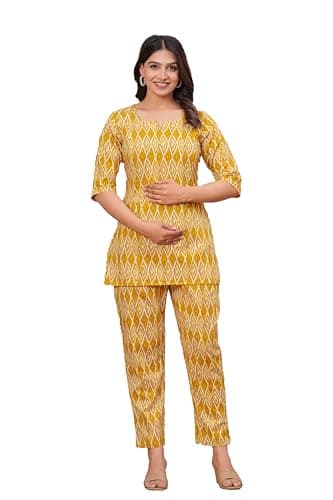 Alpha Women Printed Cotton Co Ord Set for Women Casual & Festive Indo-Western Outfit Kurta Pant Set XL Yellow