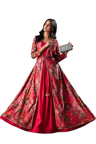 madhuram textiles Women's Vatican Print Ethnic Dress with Jacket Style Gown(M-2550 Pink_Large)