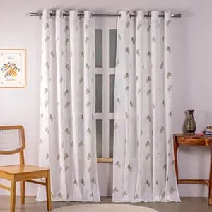 HOMEMONDE Cotton Sheer Long Door 8 Feet Curtains Set of 2- Printed Sheer Light Filtering Curtain with Eyelets - (96 Inches, Silver & Mustard)