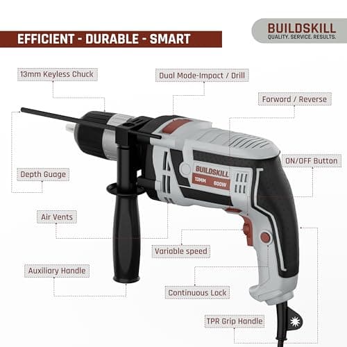 BUILDSKILL 800W Impact Drilling Machine for Home Use | 13MM Keyless Chuck | Copper Motor | 3300 RPM Variable Speed | Forward & Reverse | Drill Machine for Wall Drilling, Screwdriving & Impact Drilling 2