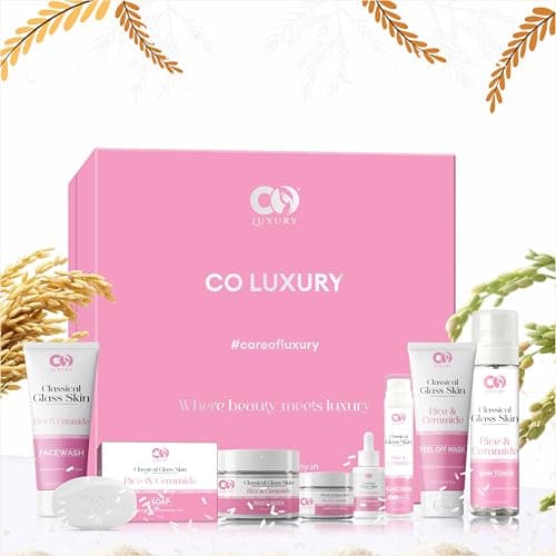 CO Luxury Rice & Ceramide 8-Step Classical Glass Skin Care Kit | Moisturizer,Facewash,Toner,Sunscreen,Peel-Off Mask,Serum,Eye Cream & Soap | Brightening, Hydrating & Even Tone ( Set of 8 Items)