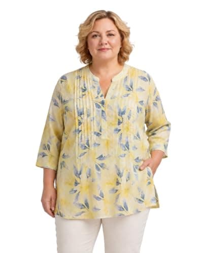 9 Impression Women's Rayon All-Over Printed Mandarin Collar Regular Fit Longline Plus Size Top | Oversized Stylish (in, Alpha, 3XL, Plus, Yellow)