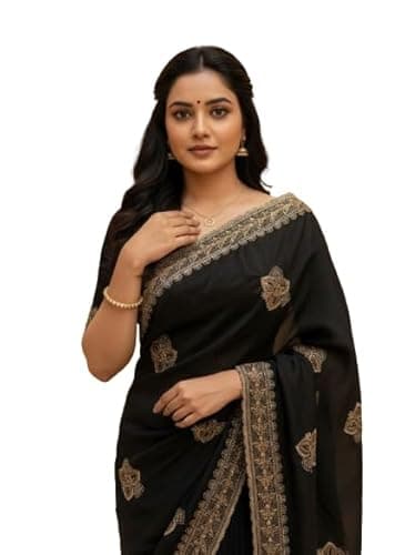 WEALTHY WOMEN Elegant Black Saree with Gold Embroidery, Traditional Indian Ethnic Wear, Formal Occasion Dress, Embellished Border Design (black)
