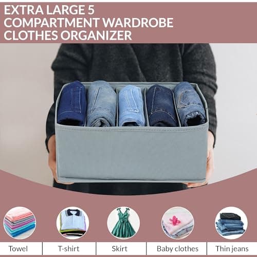 DOUBLE R BAGS Clothes Drawer Organizer for Jeans, Sweaters, Dresses & T-Shirts | Folded Clothes Wardrobe Storage Box | Grey, 26x17x36cm | 5 Compartment | Pack of 2 2