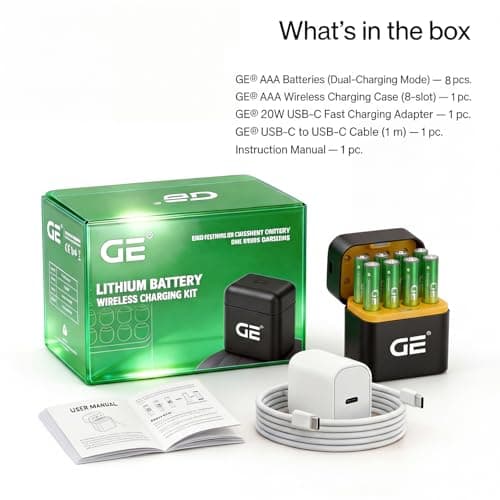 GE® AAA Rechargeable Batteries (Lithium 1.5V - 600 mWh) - New Launch in 2026 | Fast Charge Mode (Direct USB‑C + Wireless) | Pack of 8 Batteries | 10 Years of Life and 1,500+ recharges 2