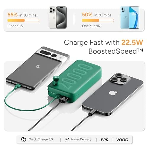 Ambrane 20000mAh Powerbank with in-Build Type C Cable, 22.5W Fast Charging, USB & Type C Output, Power Delivery, Quick Charge for iPhone, Android Mobile & Tablets, Earbuds, (Stylo N20, Green) 3