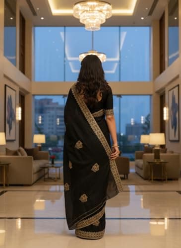 WEALTHY WOMEN Elegant Black Saree with Gold Embroidery, Traditional Indian Ethnic Wear, Formal Occasion Dress, Embellished Border Design (black) 5