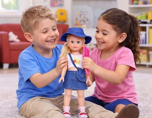 Funteen Cute Little Girl Doll in Denim Dress Doll for Kids 33 c.m Kids Ages 3 & Up 2