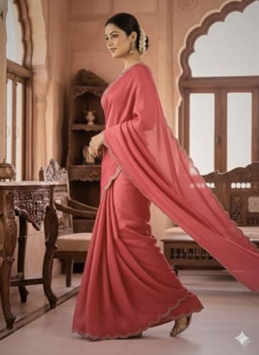 Embroidered Saree with Blouse, Traditional Indian Ethnic, Floral Design (Peach) 2