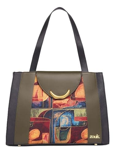 ZOUK Women's Riva Office Bag | Dual-toned Vegan Leather Tote Bag | Fits 14-Inch Laptop | 3-Compartment Divided Interior | Back Zipper Pocket | Trolley Sleeve | India-Inspired Print