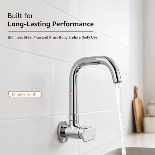Amazon Basics Rectangular Kitchen Faucet | Cold-Only Single Lever Sink Tap with 360 Degree Swivel Spout | Aerated Water Flow | 15mm / 1/2 BSP | Kitchen Use [Chrome] 5