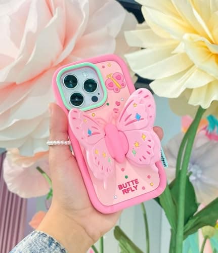 Case Creation 3D Wings Pop Butterfly Phone Case For iPhone 11/12/13/14/15/16/17 Pro Max Air Plus, Pink Cute Glam Aesthetic Back Cover With Built-in Grip Phone Stand For Girls Women (iPhone 17 Pro Max)