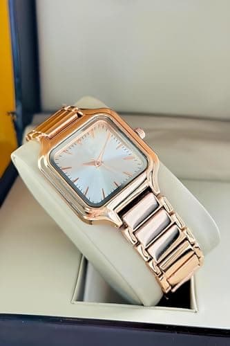 styledose Newly Arrived Women Stainless Steel Casual Watch Embossed Sqaure Dial Women's Watch with Rose Gold Stainless Steel Strap (Rose Gold) 5