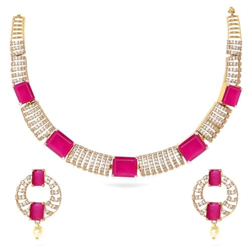 Rubans Necklace Set Pink Ruby Look Women Pink & Cubic Zirconia Studded Jewellery with Earrings Jewellery Gift for Women & Girls
