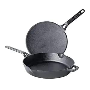 Meyer Pre-Seasoned Cast Iron 2 Piece Cookware Set - 26cm Frying pan + 26cm Roti Tawa | Iron Utensils for Cooking | Cast Iron Combo | Cookware Set Combo Offer for Kitchen, Black