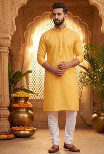 Men’s Cotton Kurta Pyjama Set | Solid Long Kurta Pajama for Men – Regular Fit | Traditional Ethnic Wear for Festive, Wedding & Casual Occasions | Comfortable Cotton Kurta Set (Orange)