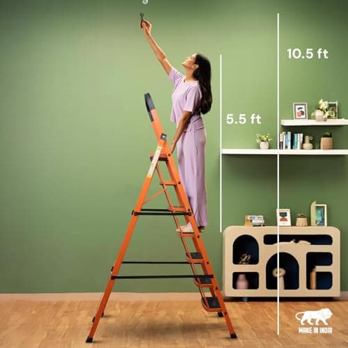 BonKaso Climb Steady Premium Alloy Steel Heavy Duty Multipurpose Foldable 7 Step Ladder with Connecting Frame & Belt Support, Load Capacity Upto 120kg | for Home and Outdoor - (Orange) 4