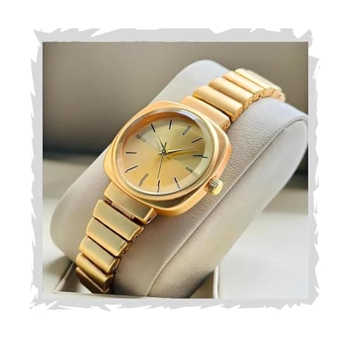 styledose watch's Unique Design Elements (Round face in Square Frame, 5 Color Eddy dials & Belt) Steel Chain Strap Stylish Girls Ladies Fashion Wrist Watches Analog Watch for Women (Gold)