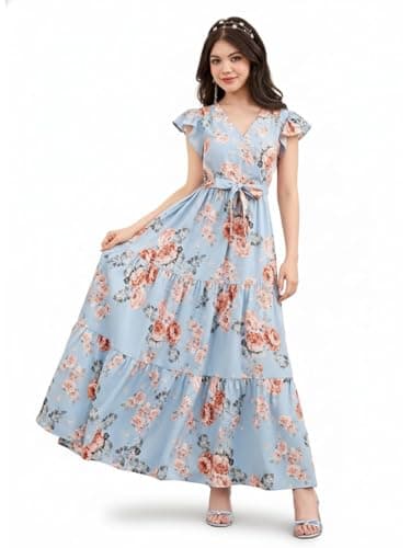 SKYCARRY Girls Cotton Floral Maxi V Neck Flutter Sleeve Tiered Skirt for Kids Blue Dress for Girl 12-13 Years and Ages 5 to 14 Years Birthday Outfit Stylish Frock