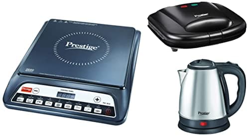 Prestige Electric Kettle PKOSS - 1500W, Steel (1.5L), Black & PIC 20 1600W Induction Cooktop & PGMFB 800W Grill Sandwich Toaster with Fixed Grill Plates