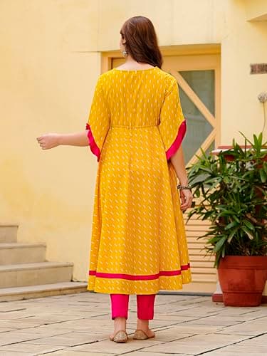 Yash Gallery Women’s Cotton Anarkali Kurta Dress | Mustard Yellow Ikat Print | Round Neck Floral Embroidery, 3/4 Ruffle Sleeves, Tie-Up Waist, Flared Maxi Length|Ethnic & Fusion Wear 5