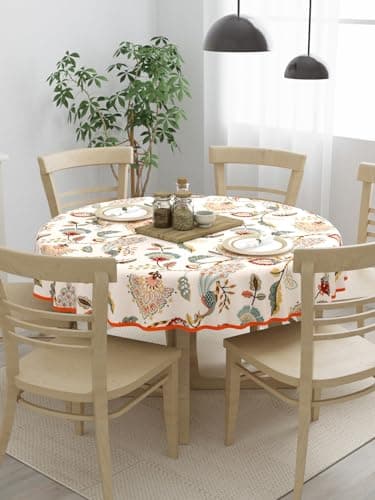 Clasiko 100% Cotton 6 Seater Round Table Cover; 72x72 Inches; Multicolor Peacock 3