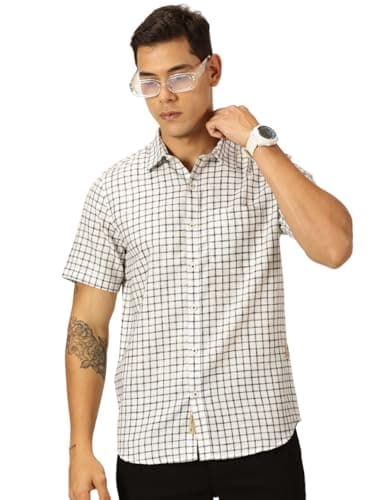 Thomas Scott Mens Cotton Linen Half Sleeves Checkered Casual Shirt (TS1376_Black, 3XL)