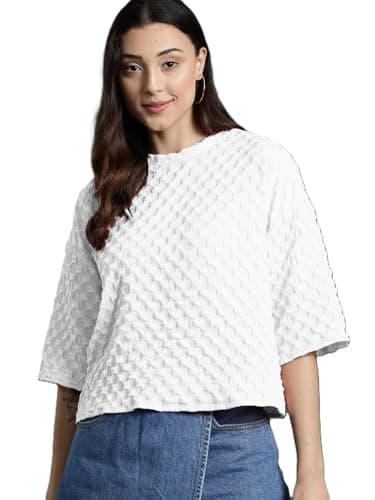 Zilcon Womens Round Neck Drop Shoulder Tops Half Sleeve Drop Shoulder Woman Stylish Western Knit Ribbed Casual T Shirt (in, Alpha, M, Regular, White)