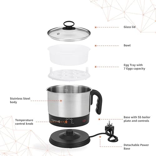 amazon basics Electric Multipurpose Kettle | for boiling Water, Eggs | Making Tea, Coffee| Stainless Steel Body with Automatic Shut-off | 18.3L x 15.7W x 19.1H cm | 1.2 L | 220 Volts | Silver, Black 2