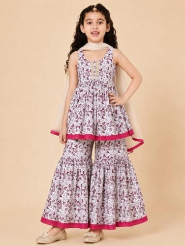A.T.U.N. (ALL THINGS UBER NICE) Girls 100% Cotton Kurti Sharara Set with Dupatta | Traditional Ethnic Wear Outfit for Kids | Soft Breathable Printed Kurti with Comfortable Sharara Set for Girls 2