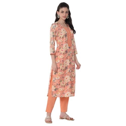 Rangriti Women's Cotton Blend Kurta Set (RTRZ20509SS25PCH_Peach 3