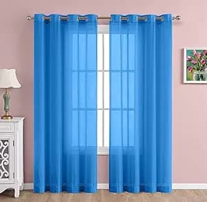 THE LINEN COMPANY Cotton Linen Solid Window Curtain Set with Steel Eyelet Rings- 4 Feet (Carolina Blue, Set of 2)
